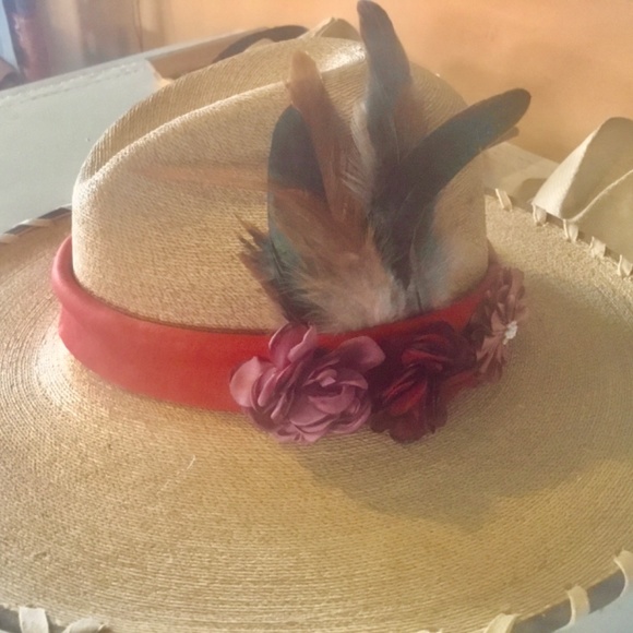 Vintage style cowgirl summer riding hat red suede wild bird chamois laced main image 4